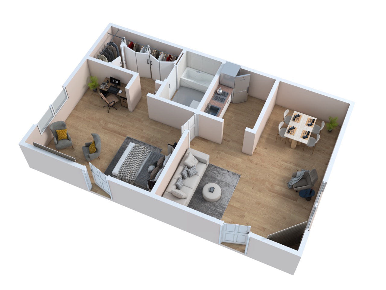 3D Floor plan for Monte Vista Village Broadway One Bedroom